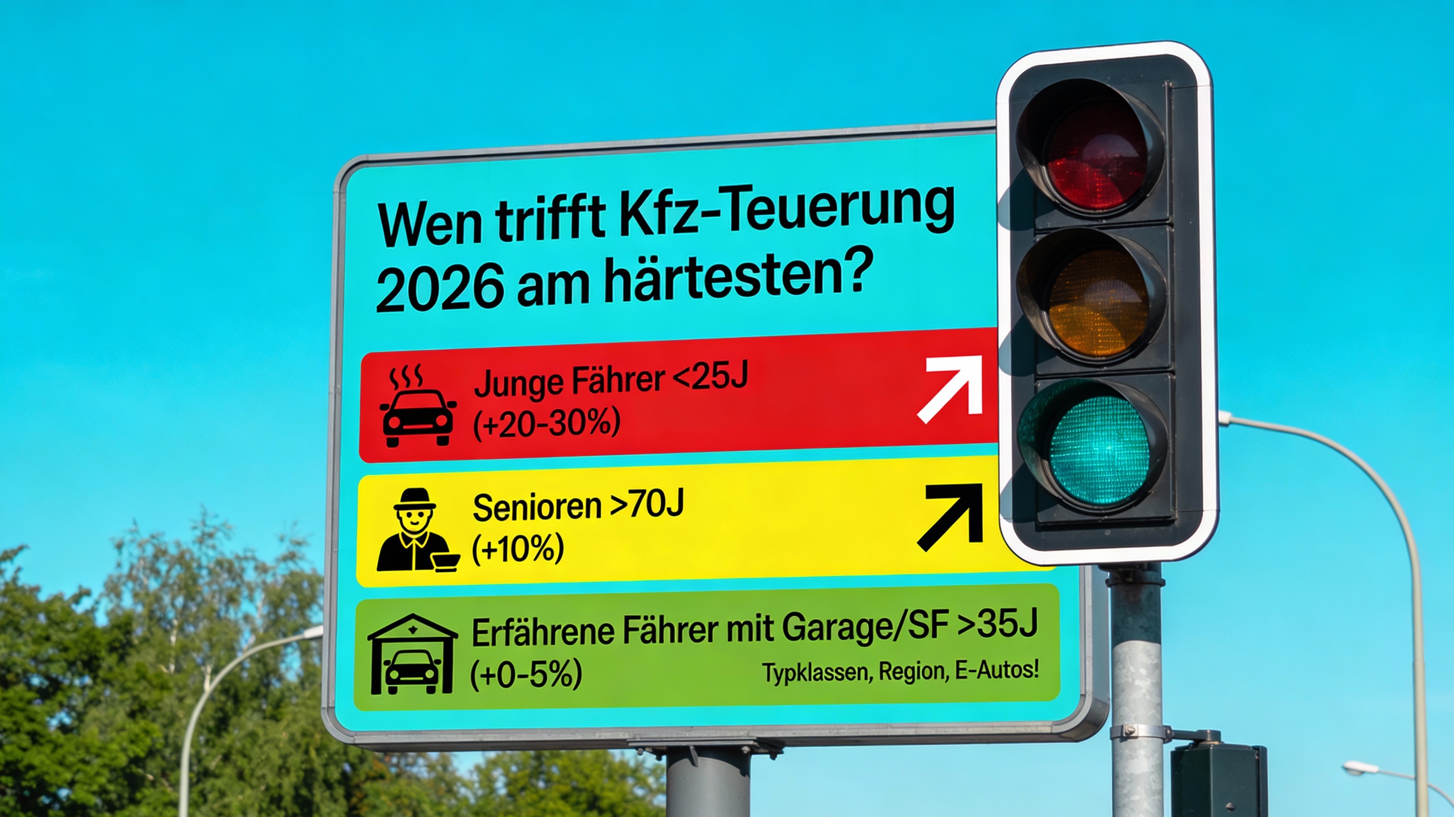 Ampel: Rot für Junge Fahrer, Gelb für Senioren, Grün für erfahrene Fahrer mit Garage