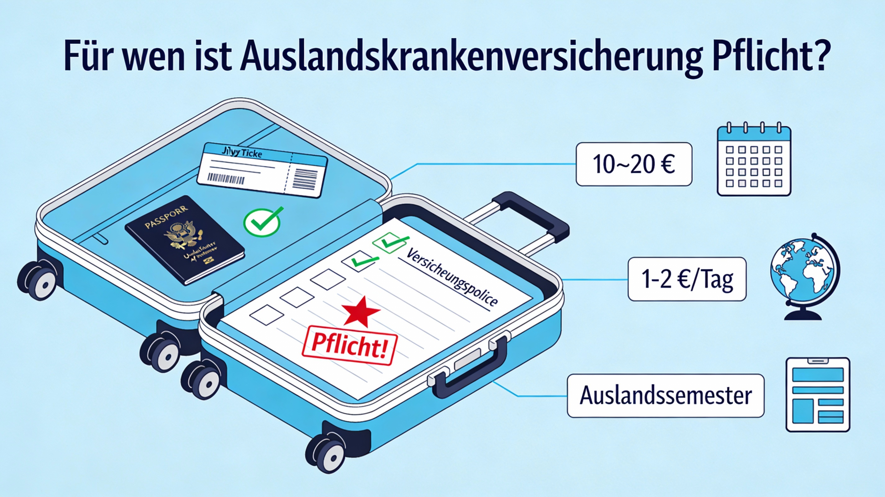 Koffer mit Checkliste: Pass, Ticket, Versicherungspolice