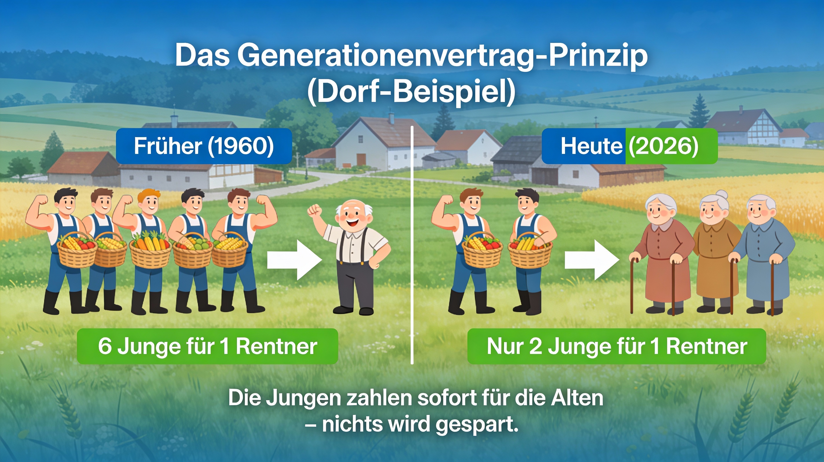 Grafik: Früher viele Zahler für wenig Rentner, heute wenige Zahler für viele Rentner