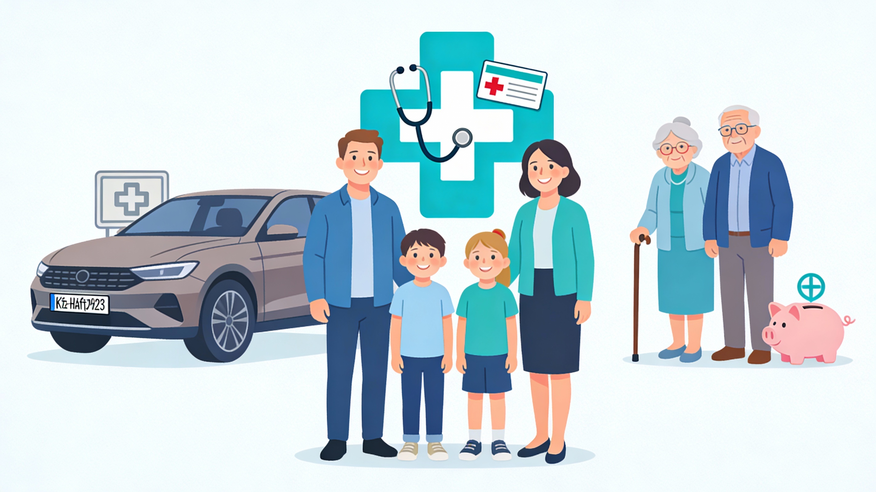 Familie mit Auto, Arzt und Rentner-Symbolen – Symbolbild Pflichtversicherungen