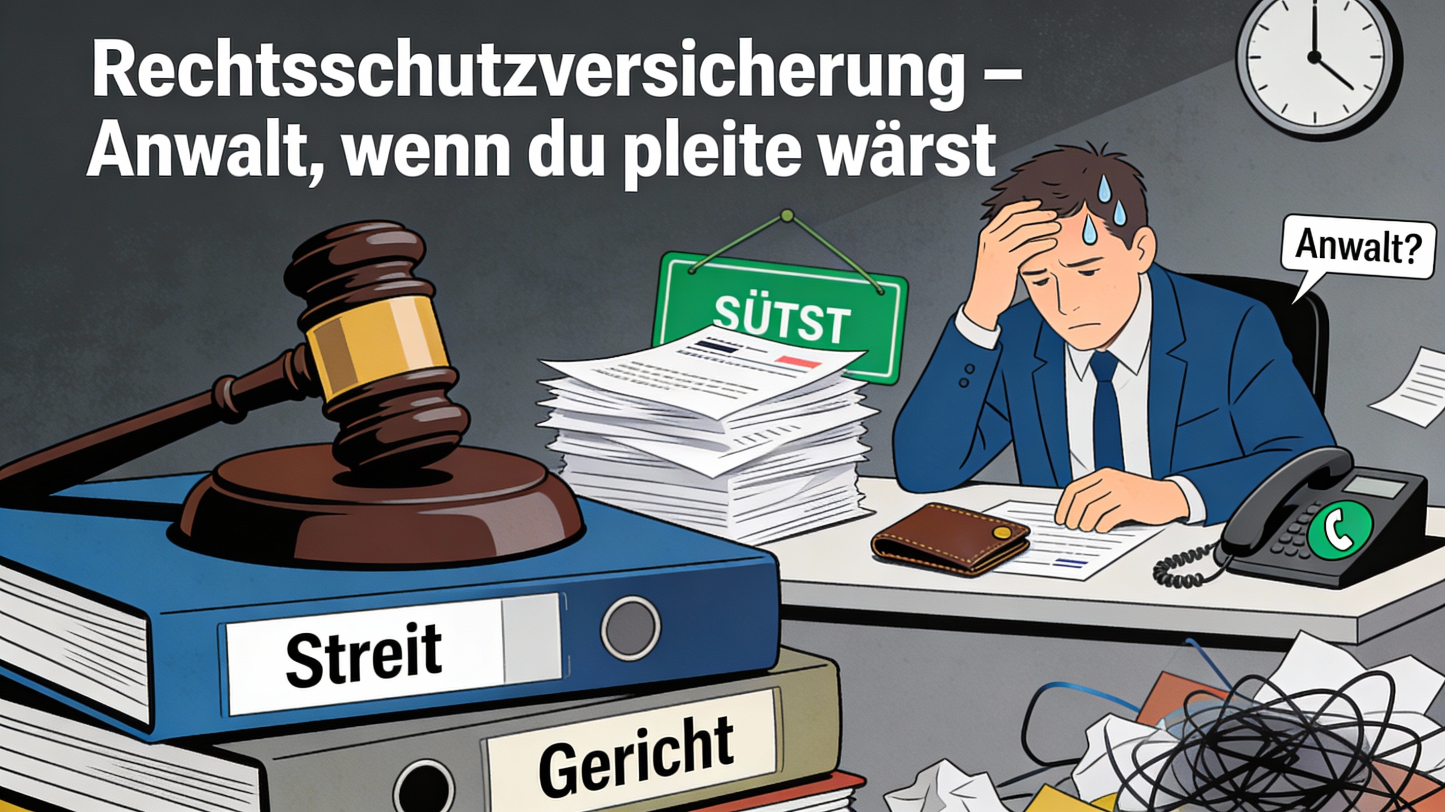 Ein Richterhammer auf Aktenordnern, im Hintergrund stressige Situation