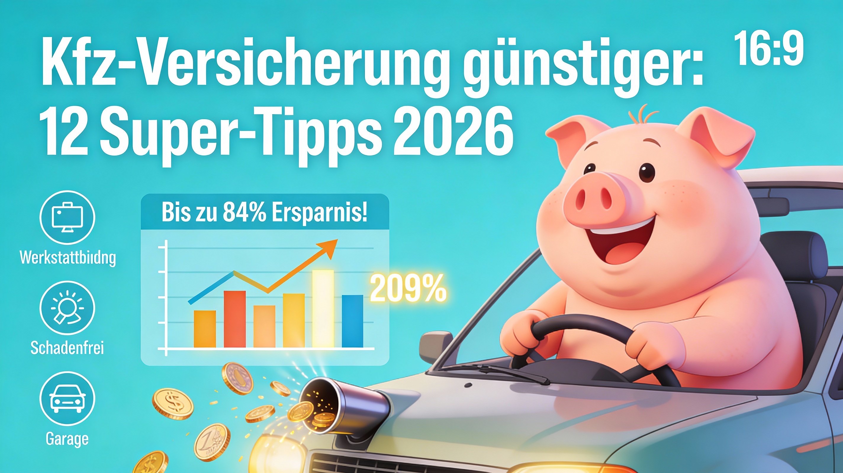 Ein Sparschwein sitzt in einem Auto, Grafik zeigt bis zu 84% Ersparnis an