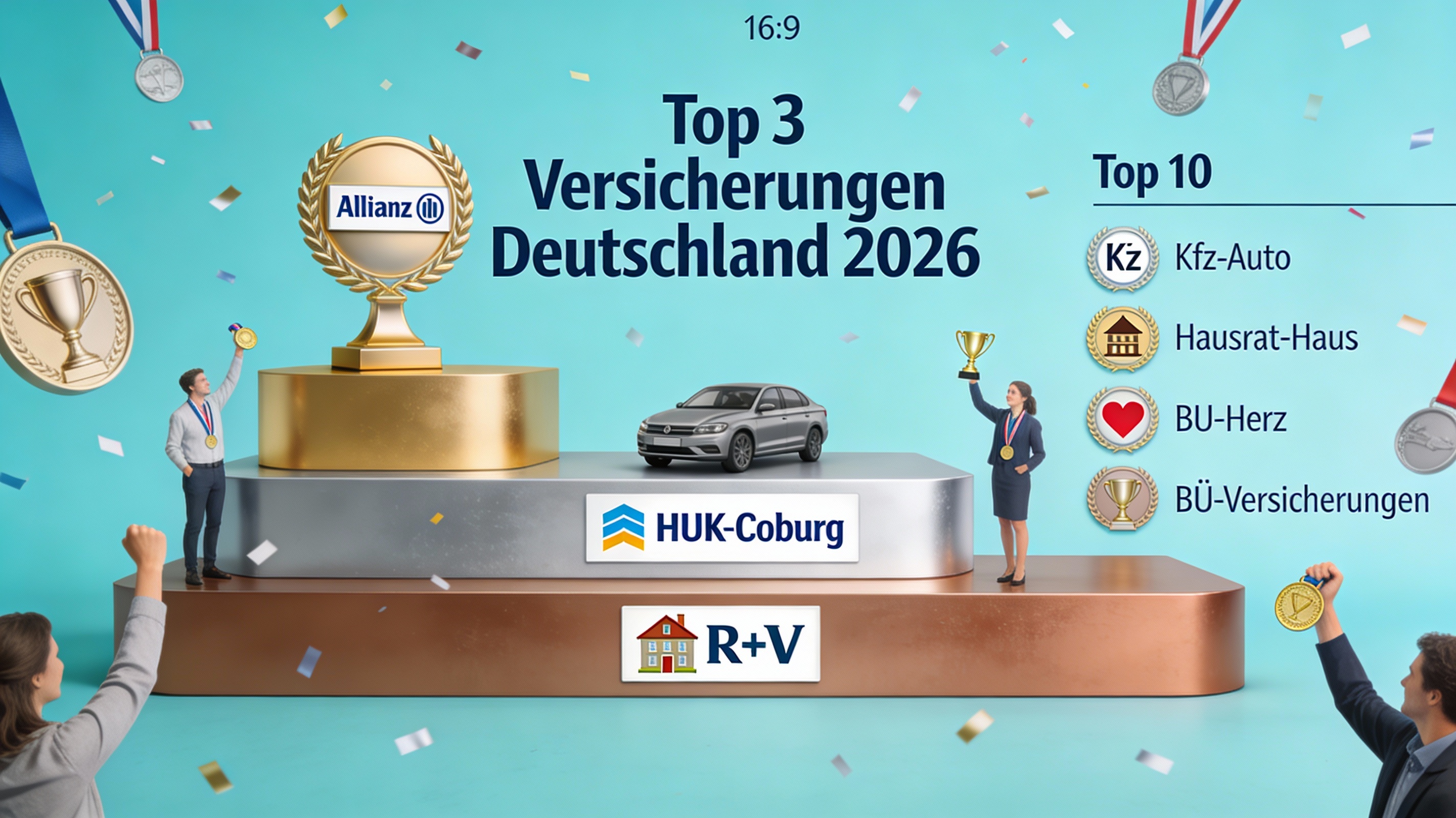 Grafik: Siegertreppchen mit Versicherungs-Symbolen