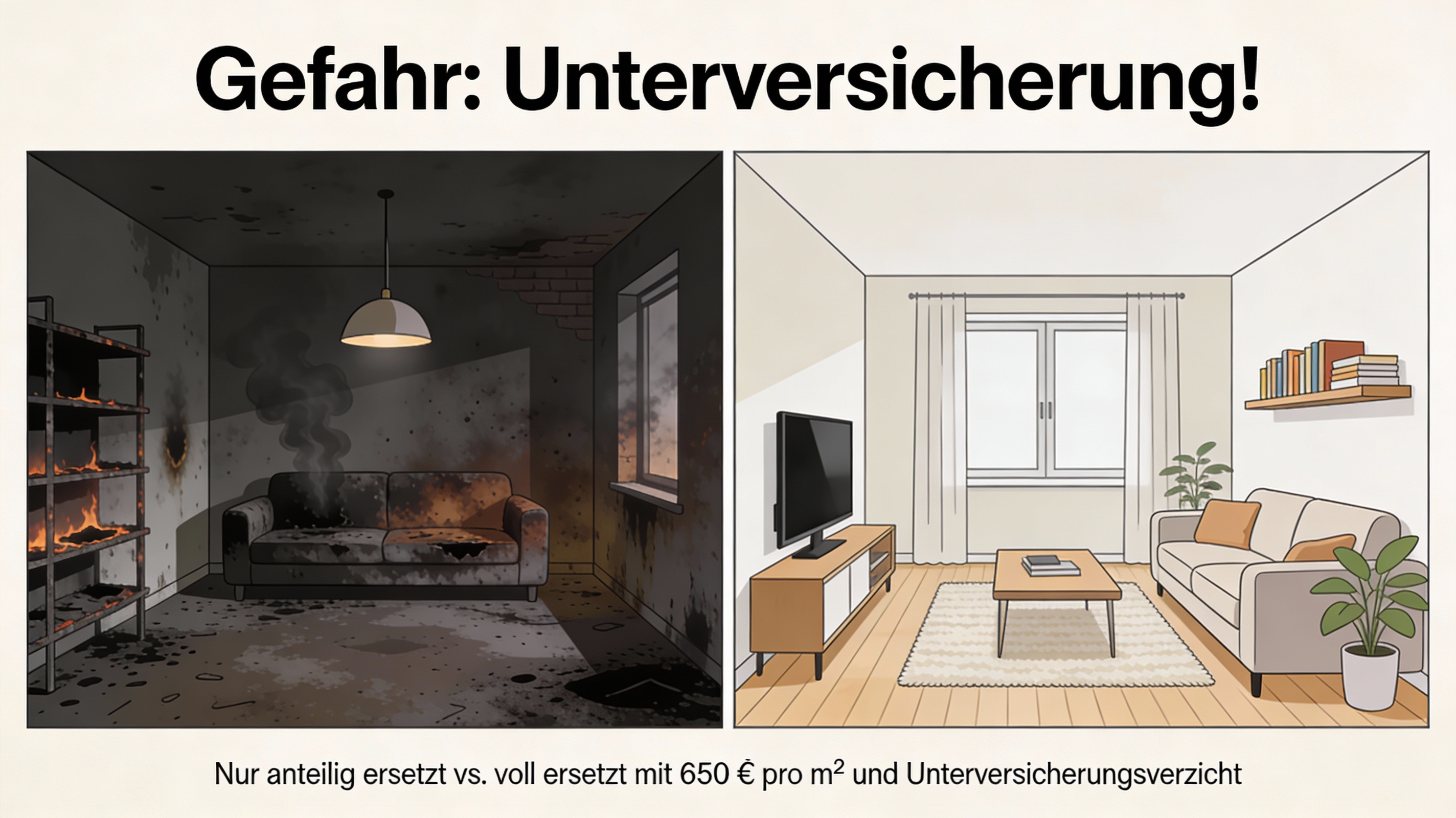 Vergleichsbild: Links eine ausgebrannte Wohnung, rechts eine neu eingerichtete