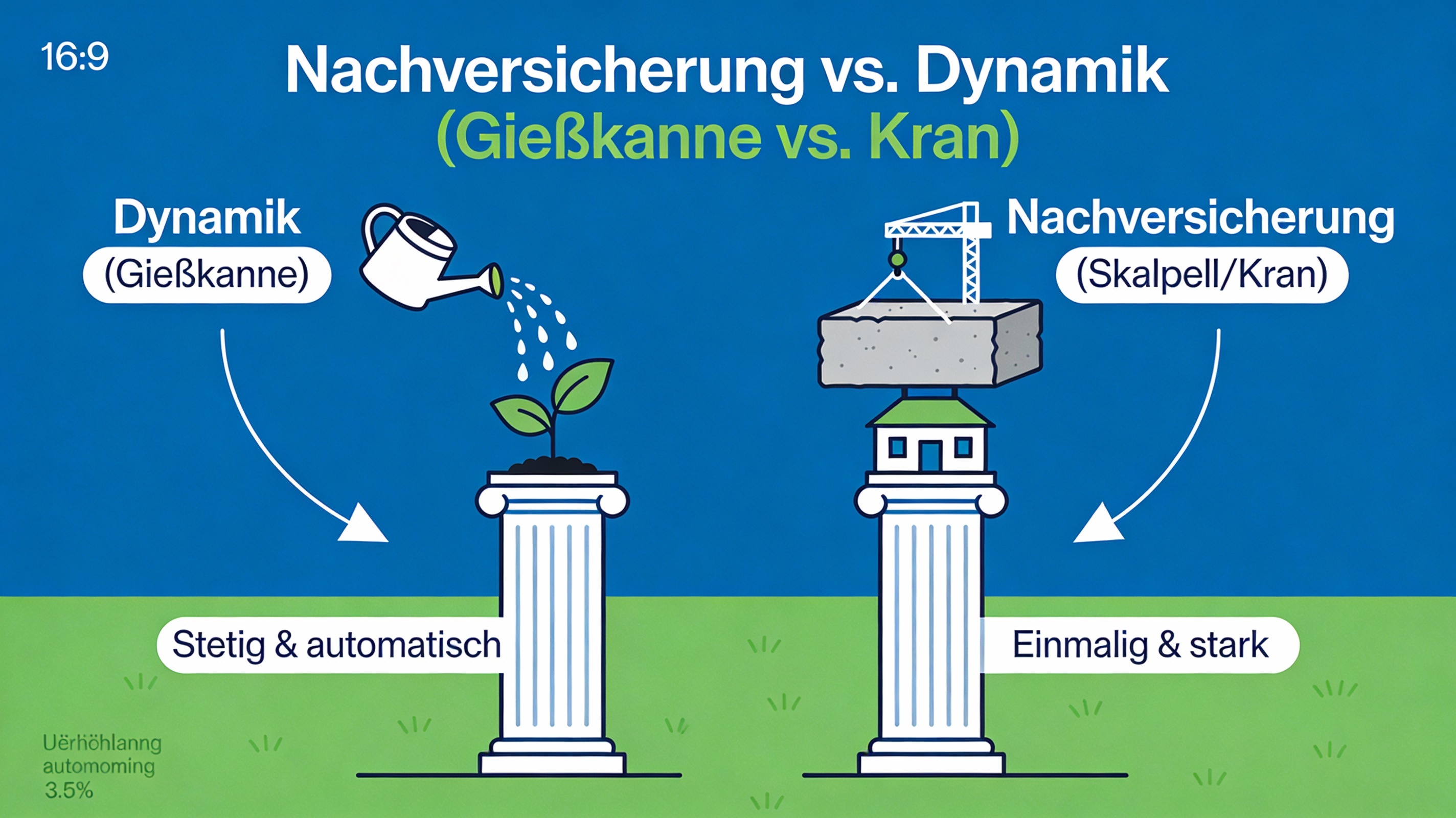Grafik: Eine Gießkanne (Dynamik) bewässert stetig, ein Kran (Nachversicherung) setzt einen großen Baustein oben drauf