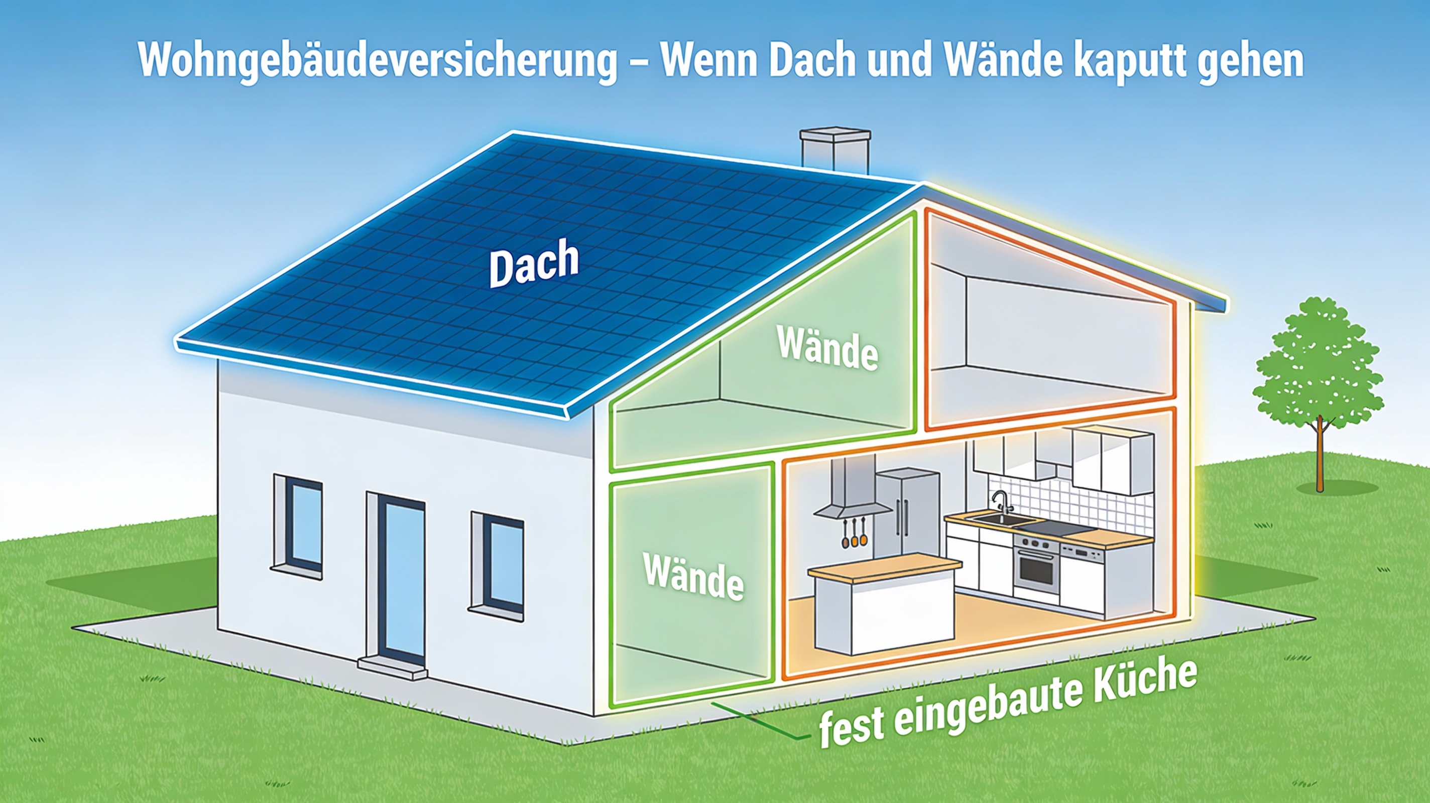 Ein Einfamilienhaus im Querschnitt – markiert: Dach, Wände, fest eingebaute Küche